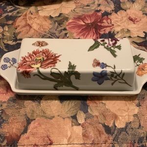 VTG Butter Dish Caroline Floral Butterfly CORDON BLEU BIA Hand Decorated in USA.